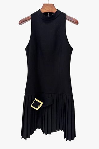 Chic High Neck Sleeveless Mini Dress with Pleated Skirt and Statement Belt Detail