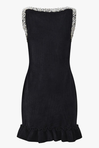 Pearl Embellished Sleeveless Knitted Mini Dress with Ruffle Hem