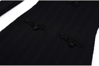 Ribbed Knit Long Dress with Pearl Trim Details & Long Sleeves