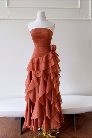 Statement Pleated Strapless Corset Long Dress with Dramatic Ruffles & Floral Detail