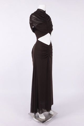 Ruched Mesh Short Sleeve Cut-Out Long Dress
