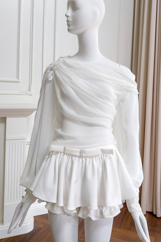 Elegant Long-Sleeve Oblique Shoulder Sheer Top and Skort Set