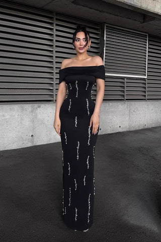 Off-Shoulder Crystal Embellished Long Dress with Back Slit – Sleeveless Fitted Evening Dress