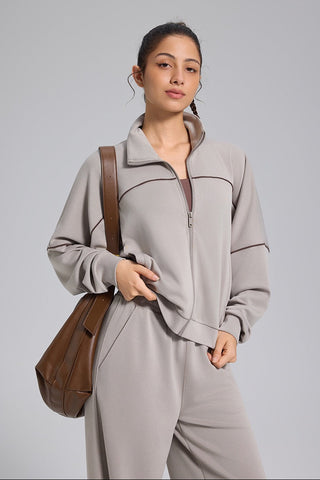 Relaxed Fit Zip-Up Jacket and Wide Leg Pants Set
