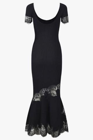 Ribbed Knit Scoop Neck Short Sleeve Long Dress with Lace Trim & Flared Hem