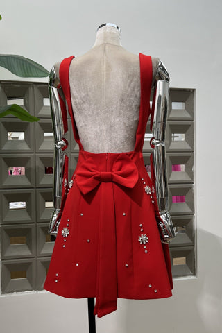 Crystal Embellished Open Back Bow Mini Dress