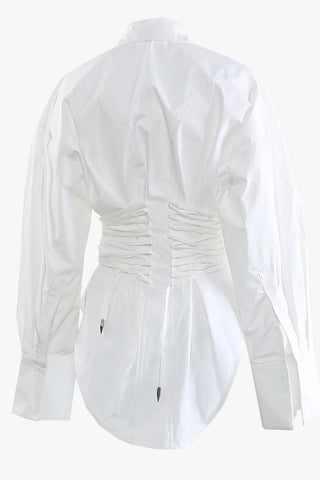 Long Sleeve Corset Waist Button-Up Shirt Dress with Adjustable Lace-Up Design