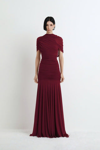 Ruched Off-Shoulder Long Dress – Draped Top & Flowing Skirt