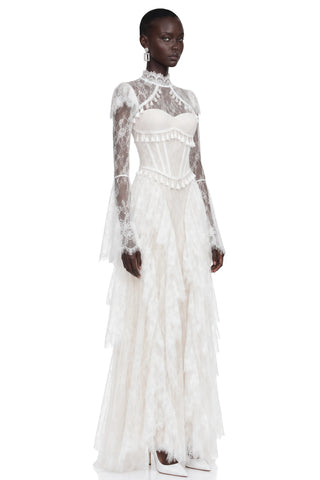 Lace Corset Long Dress with Ruffle Layers & Flared Sleeves