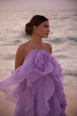 Floral Ruffle Organza Long Dress with Halter Neck
