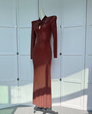Sparkling Draped High-Neck Structured Shoulder Long Dress