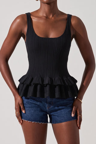 Sleeveless Ribbed Knit Peplum Tank Top with Double Ruffle Hem
