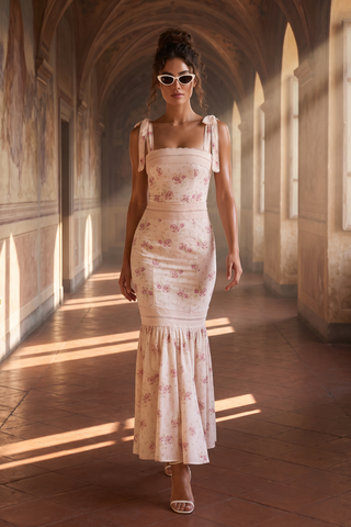 Floral Print Long Dress – Lace Trim, Tie Straps, Defined Waist & Corset Back