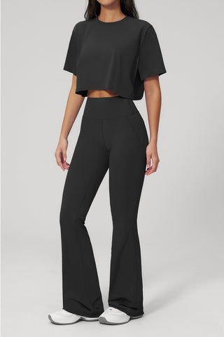 Short Sleeve Crop Top & High Waist Flared Pants Set – Snatched Fit, Made to Move