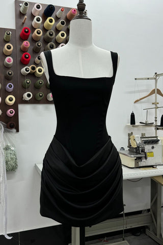 Draped Corset Mini Dress – Square Neck Satin Ruched Bodycon Dress