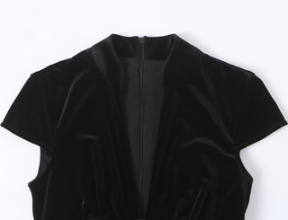 Velvet Cap Sleeve Mini Dress with Deep V-Neck and Flared Hem