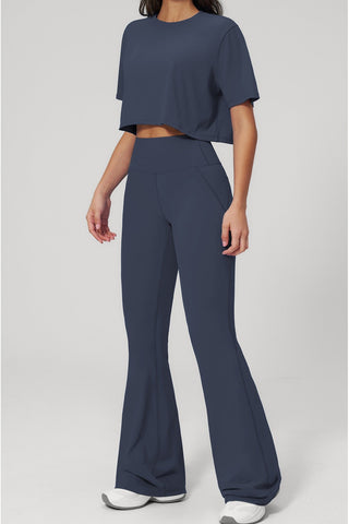 Short Sleeve Crop Top & High Waist Flared Pants Set – Snatched Fit, Made to Move
