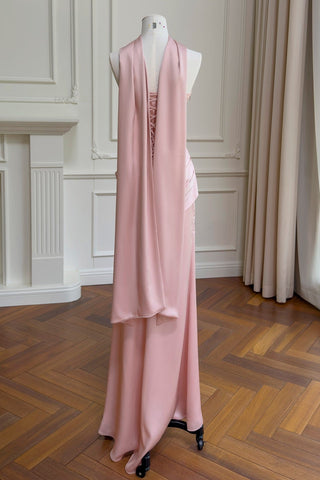 Satin Draped Corset Long Dress with Scarf – Elegant Strapless Design