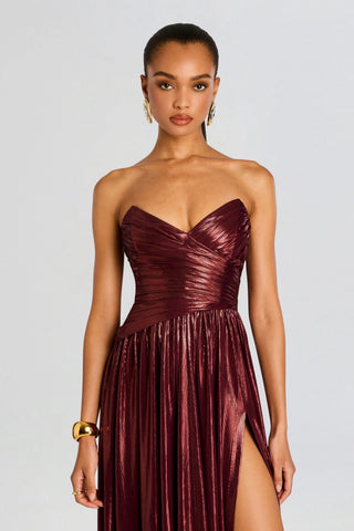 Strapless Metallic Pleated Long Dress with High Slit