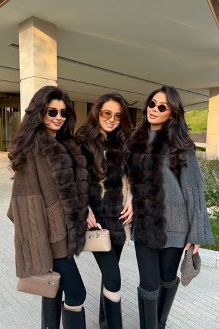 Faux Fur Trim Cable Knit Long Cardigan