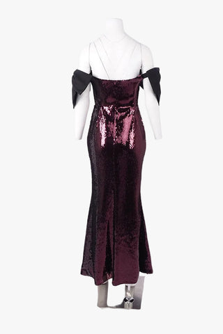 Sequin Bow Off-Shoulder Long Dress – Fitted Evening Gown