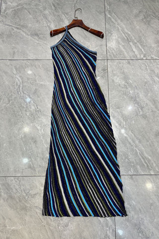 Metallic Striped One-Shoulder Knit Long Dress