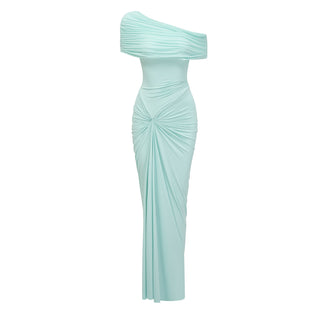 One-Shoulder Long Dress – Gathered Front, Fitted Waist & Floor-Length Design