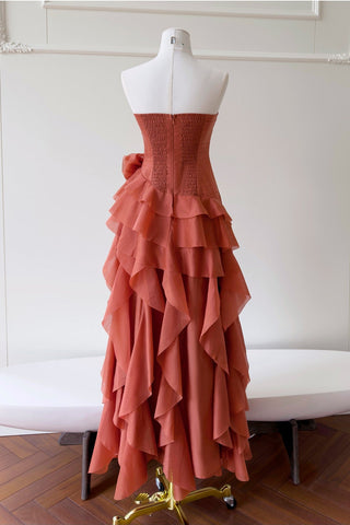Statement Pleated Strapless Corset Long Dress with Dramatic Ruffles & Floral Detail