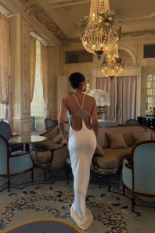 Satin Halter Long Dress with Crystal Open Back Detail