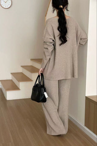 Comfy Relaxed V-Neck Knit Top & Wide-Leg Pants Set