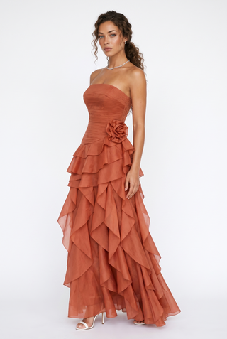 Statement Pleated Strapless Corset Long Dress with Dramatic Ruffles & Floral Detail