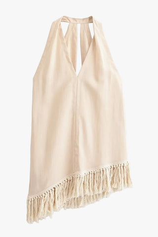 Asymmetric Fringe Halter Top & Wide-Leg Pants Set