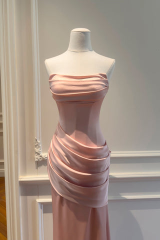 Satin Draped Corset Long Dress with Scarf – Elegant Strapless Design