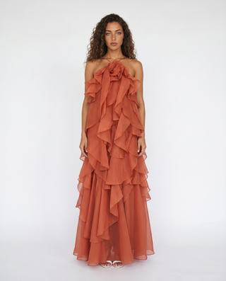 Floral Ruffle Organza Long Dress with Halter Neck
