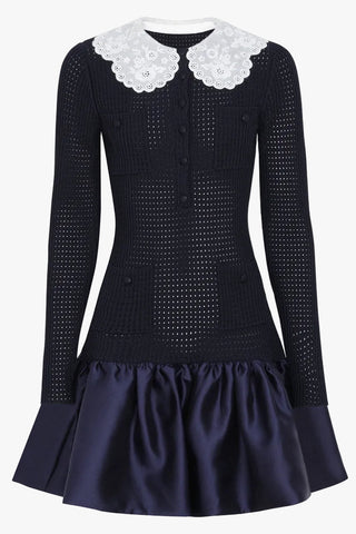 Elegant Long Sleeve Lace Collar Knit Mini Dress – Vintage Inspired Button Front