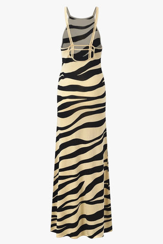 Sleeveless Zebra Print Knit Long Dress with Double Shoulder Straps