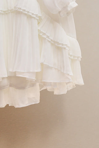 Chiffon Cut-Out Mini Dress – Long Sleeve Pleated Ruffle Dress