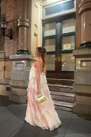 Tiered Lace Long Dress – Layered Ruffle Design, Crisscross Back & Flowy Fit