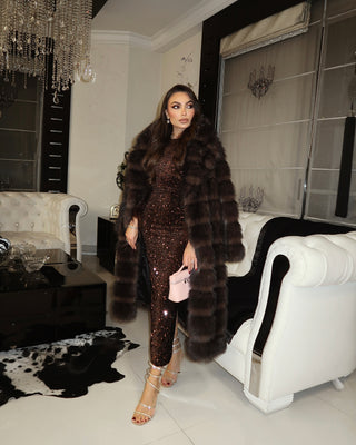 Luxury Dark Brown Faux Fur Coat - LONG (110 cm)