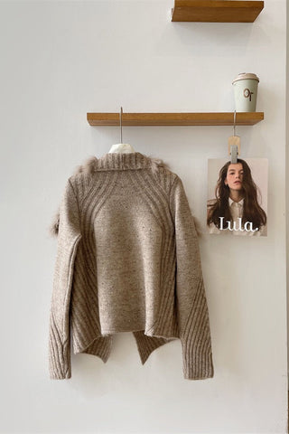 Statement Faux Fur Collar Ribbed Knit Long-Sleeve Cardigan