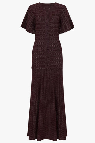 Crystal Embellished Textured Knit Short Sleeve Long Dress