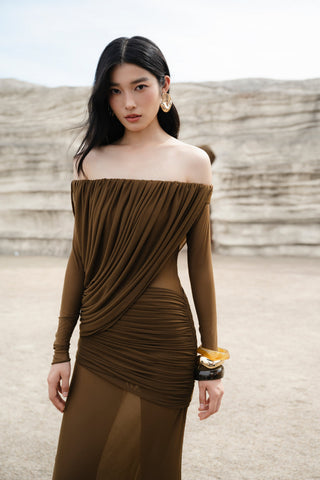 Off-Shoulder Draped Mesh Long Sleeve Long Dress