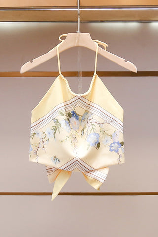 Floral Print Satin Halter Top & High-Waisted Shorts Set