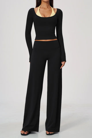 Scoop Neck Long Sleeve Top & Wide-Leg Pants Set
