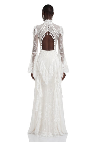 Lace Corset Long Dress with Ruffle Layers & Flared Sleeves