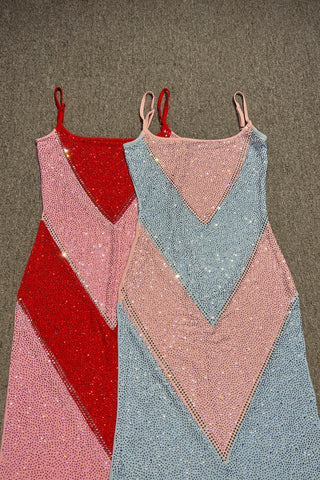 Rhinestone Embellished Colorblock Long Dress with Thin Straps