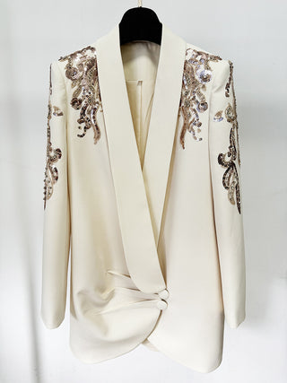 Embellished Long Sleeve Short Suit Dress with Gold Sequins