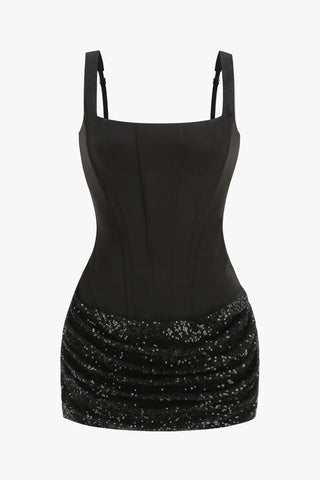 Flattering Sleeveless Corset Mini Dress with Ruched Sequined Detail and Sculpting Stretch Fit