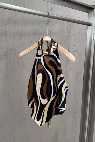 Abstract Swirl Print Satin Halter Top & High-Waisted Mini Skirt Set