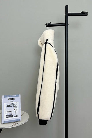 Plush Teddy Shearling Contrast Trim High-Neck Cropped Jacket